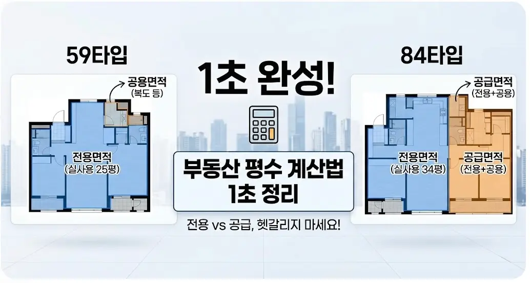 59타입이 25평? 84타입이 34평? 부동산 평수 계산법 1초 정리 (전용 vs 공급)