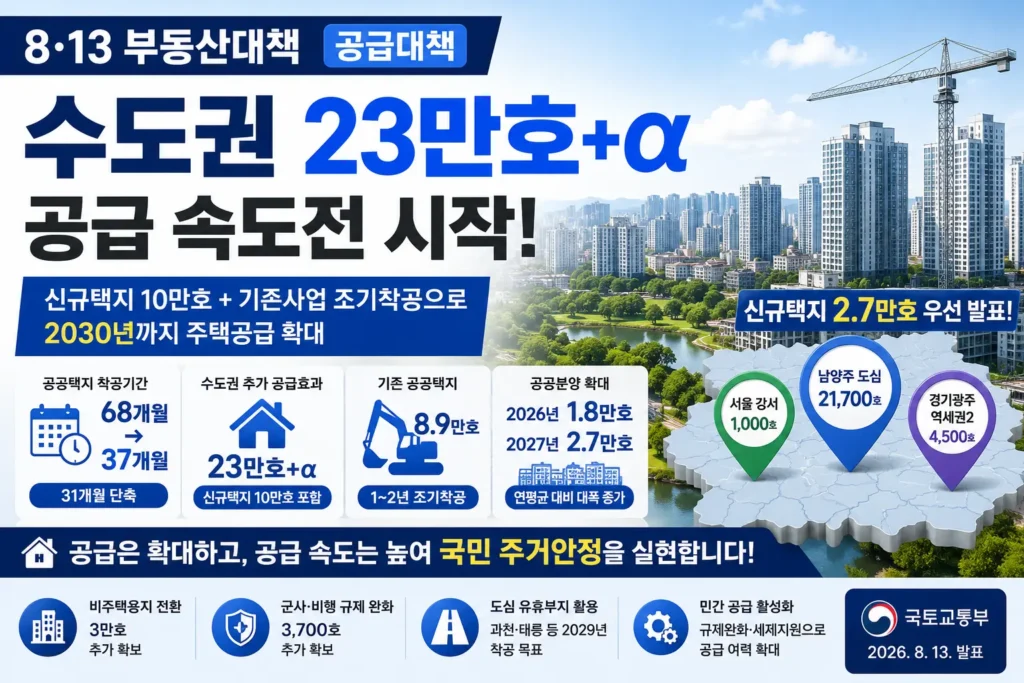 2026년 8·13 부동산대책 수도권 23만호 신규택지 10만호 공급대책