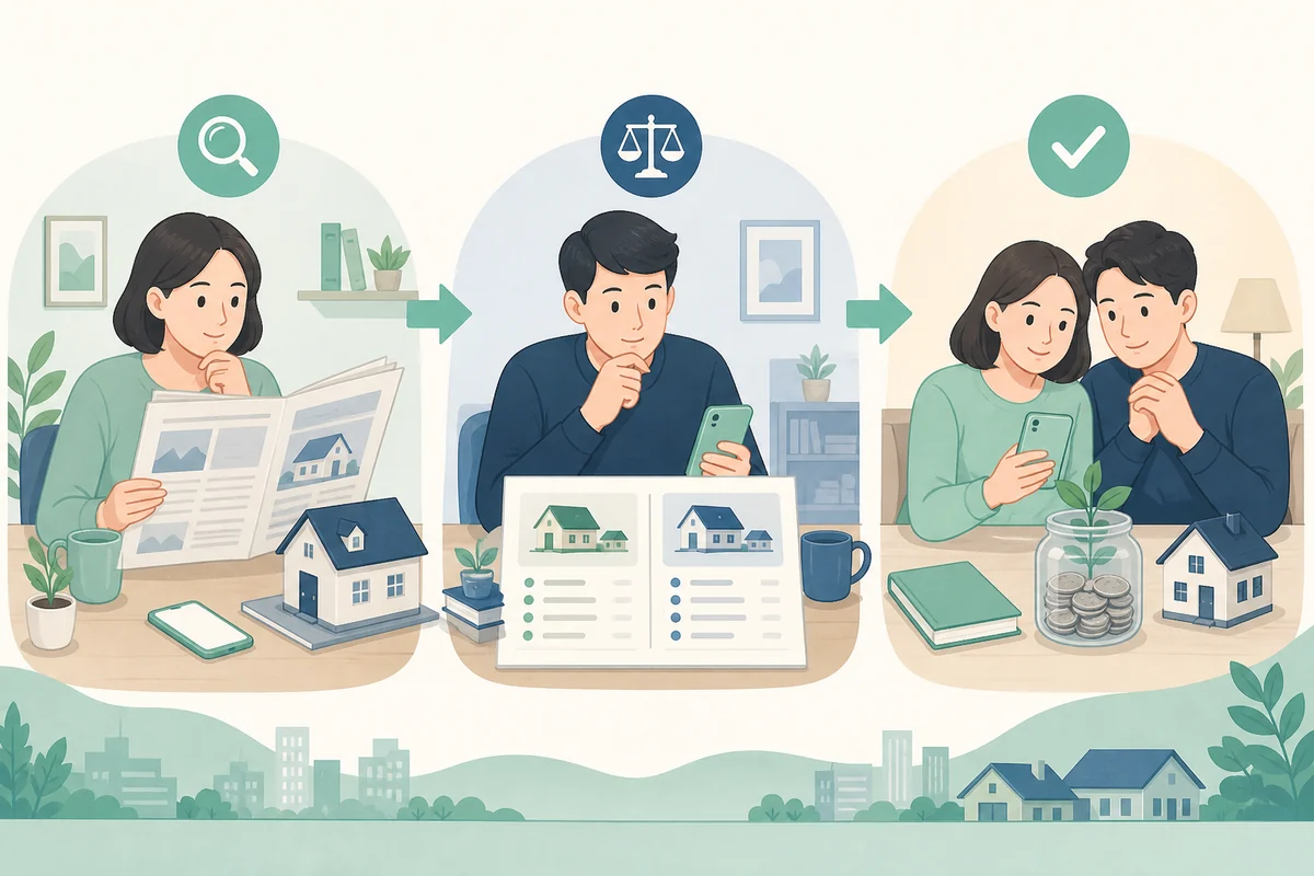 주거·생활경제 자료와 가계 점검 확인·비교·점검 과정을 표현한 설명 일러스트