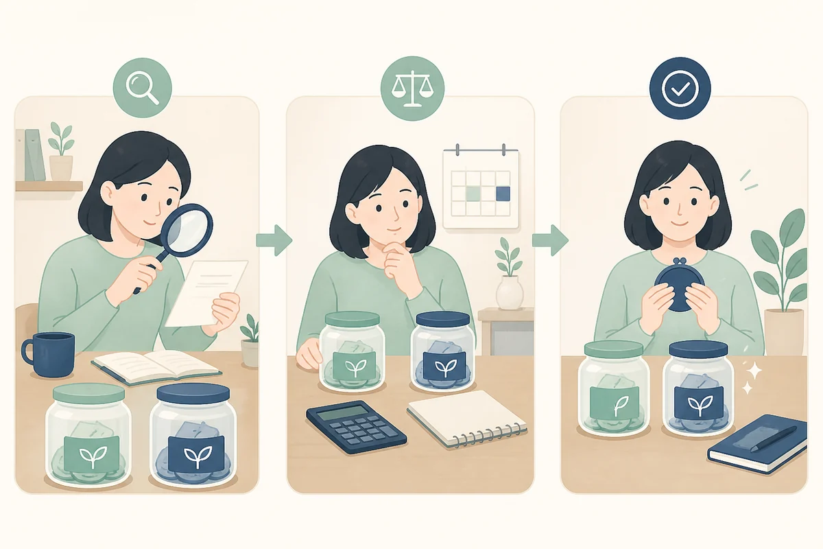 예금·적금 저축 통과 달력 확인·비교·점검 과정을 표현한 설명 일러스트
