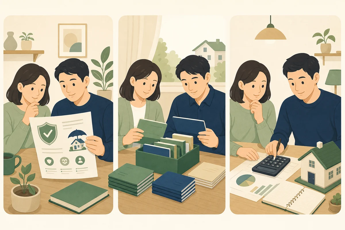 상품 보호 표시와 금융기관별 원금·이자 합산을 확인하는 모습 확인·비교·점검 과정을 표현한 설명 일러스트