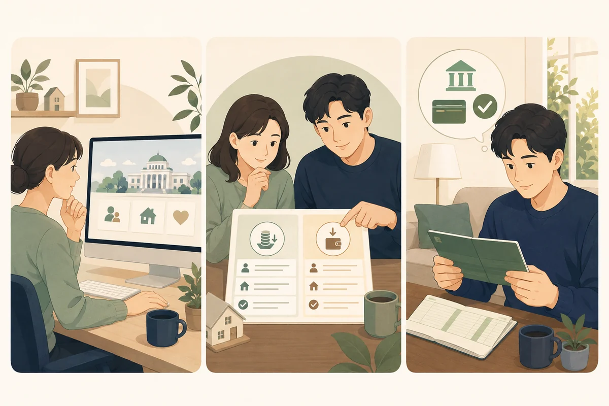 건강보험 환급 내역 조회와 신청·입금 확인 과정을 정리한 모습 확인·비교·점검 과정을 표현한 설명 일러스트