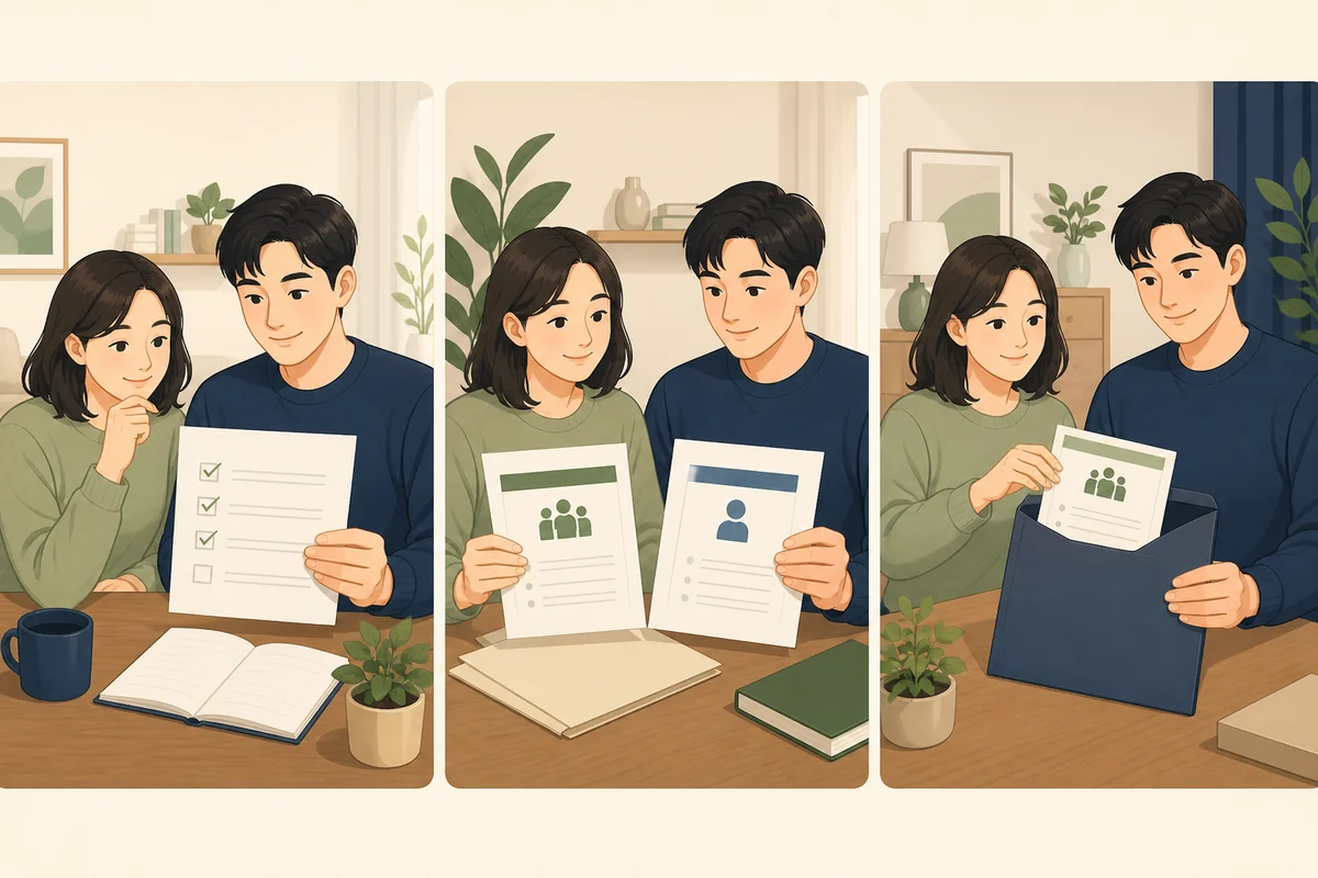 공고의 서류 목록과 세대·개인 증명자료를 확인하는 순서 확인·비교·점검 과정을 표현한 설명 일러스트