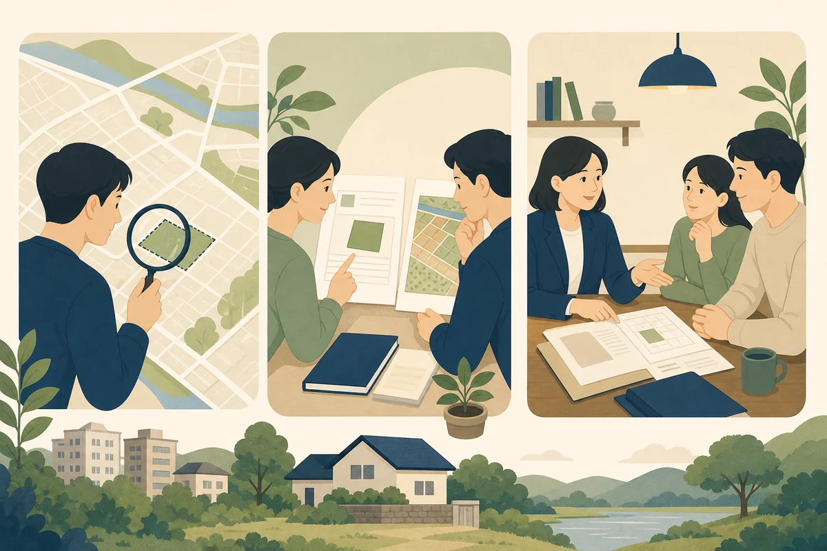 토지 필지 도면과 대장·이용계획 자료를 비교하는 모습 확인·비교·점검 과정을 표현한 설명 일러스트