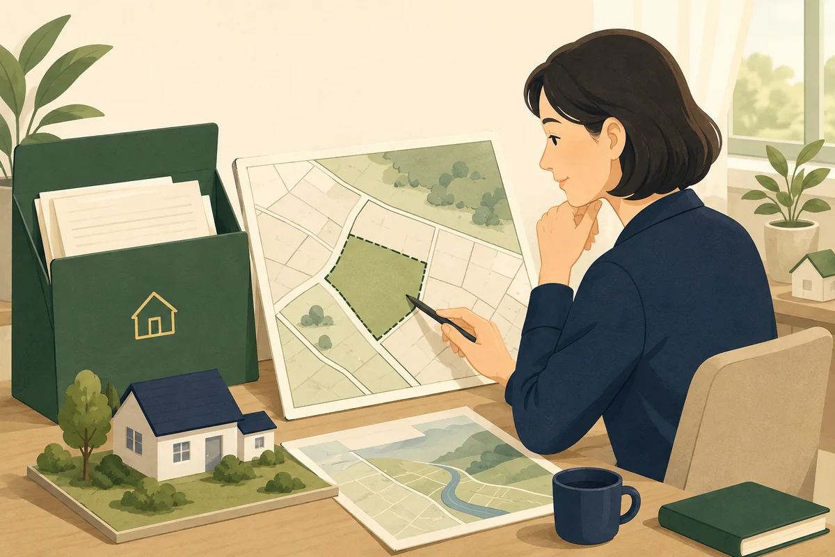 토지 필지 도면과 대장·이용계획 자료를 비교하는 모습 — 대표 그림