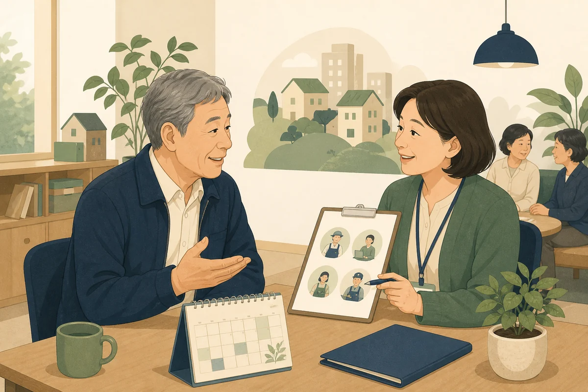 노인일자리 모집 상담과 신청·교육 참여를 준비하는 모습 — 대표 그림