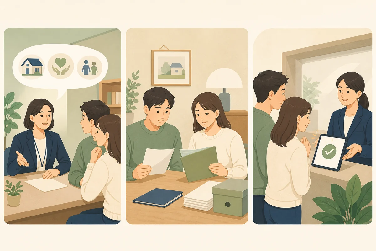 복지 담당자 상담과 서류 준비 및 접수 확인 과정 확인·비교·점검 과정을 표현한 설명 일러스트