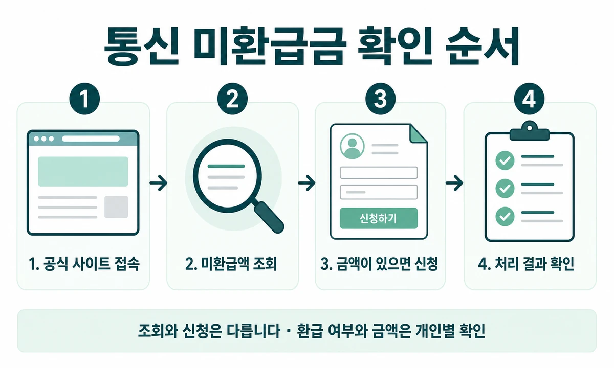 통신 미환급금 확인 순서: 공식 사이트 접속, 미환급액 조회, 금액이 있으면 신청, 처리 결과 확인