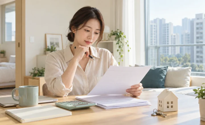 생애최초 취득세 감면과 첫 집 구입비용을 살펴보는 청년, 밝은 주거 공간의 서류·계산기·집 모형