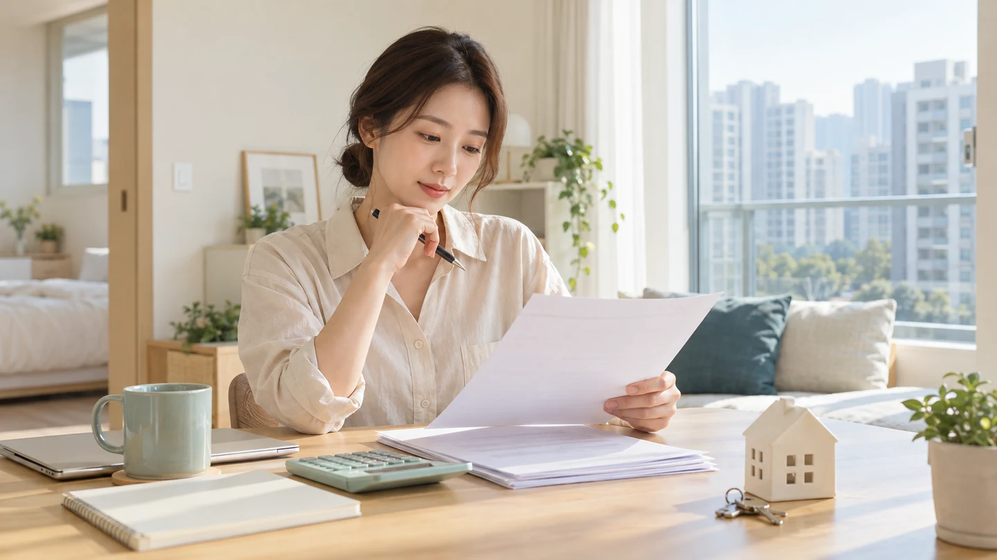 생애최초 취득세 감면과 첫 집 구입비용을 살펴보는 청년, 밝은 주거 공간의 서류·계산기·집 모형