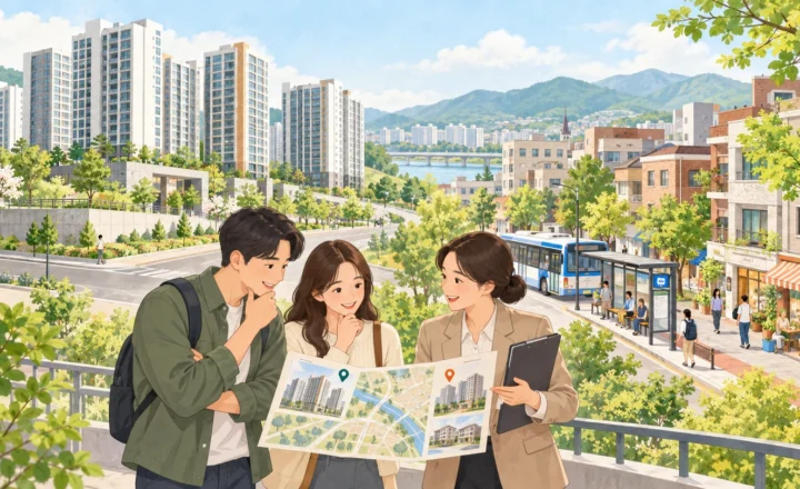 지방 전월세 매물 감소를 살펴보며 주거지 지도를 비교하는 예비 임차인과 중개사, 신축 아파트와 생활권을 담은 일러스트