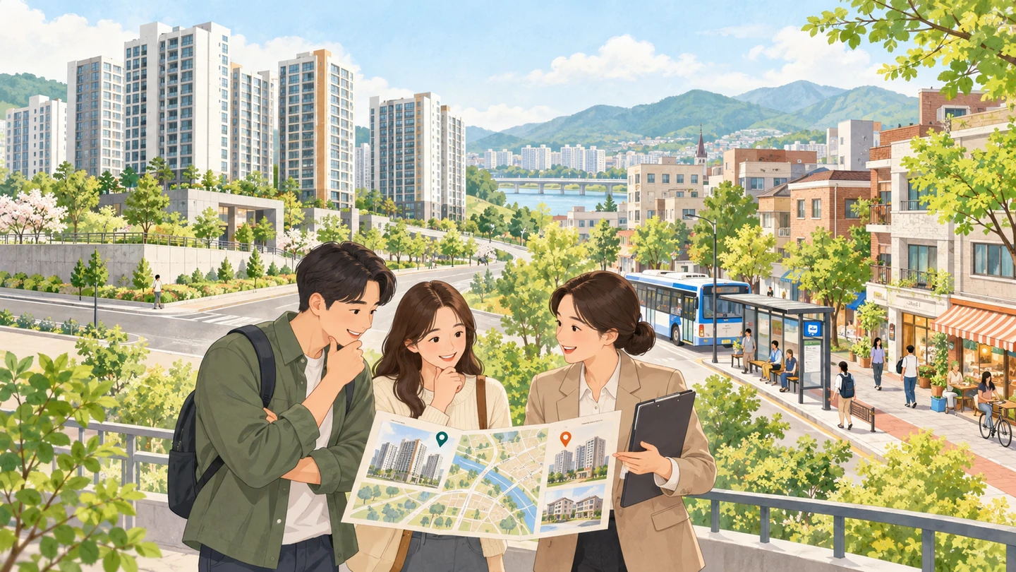 지방 전월세 매물 감소를 살펴보며 주거지 지도를 비교하는 예비 임차인과 중개사, 신축 아파트와 생활권을 담은 일러스트