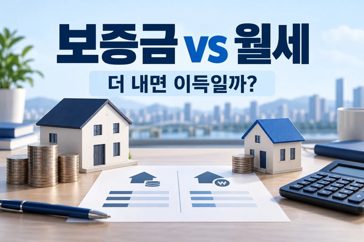 보증금과 월세 비용 비교를 보여주는 집 모형과 계산기